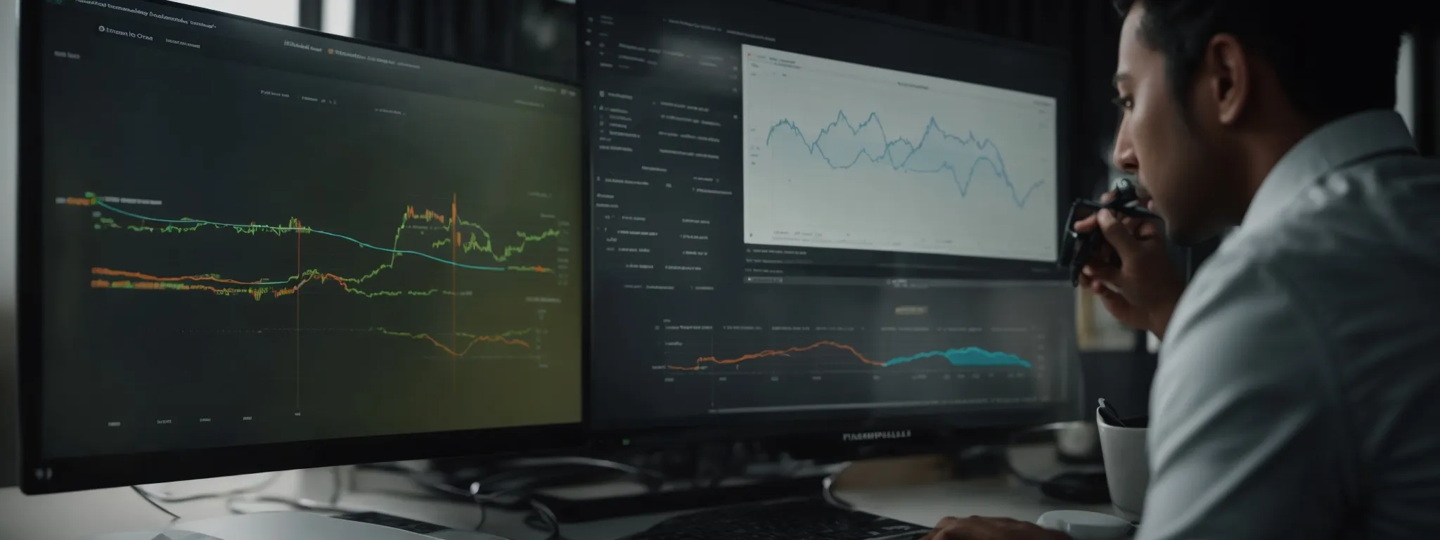 a focused individual interacts with an intuitive graphical interface on a computer screen, displaying conversion rates and performance analytics.