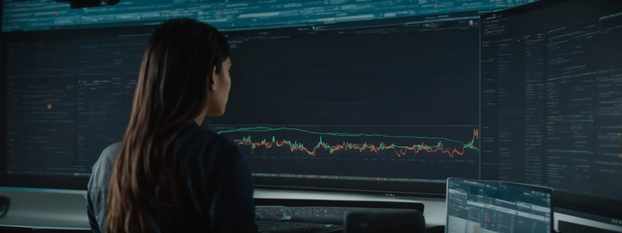 a digital marketer gazes at a computer screen displaying a graph of increasing website traffic against a backdrop of domain names and network connections.