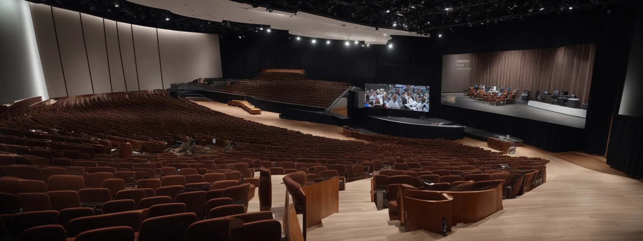 an auditorium hosting a digital marketing conference with a large screen displaying real-time data analytics and a speaker gesturing towards creative campaign examples.