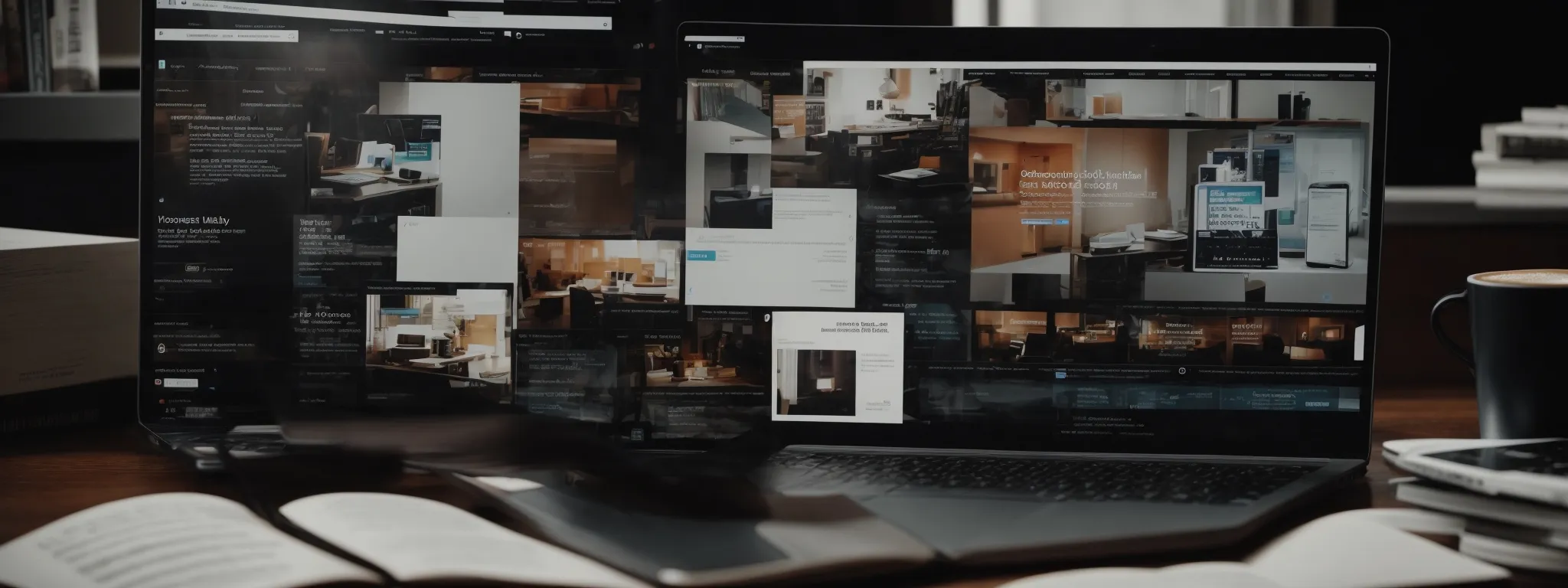 a laptop with a compelling infographic on the screen, surrounded by marketing books and a cup of coffee.