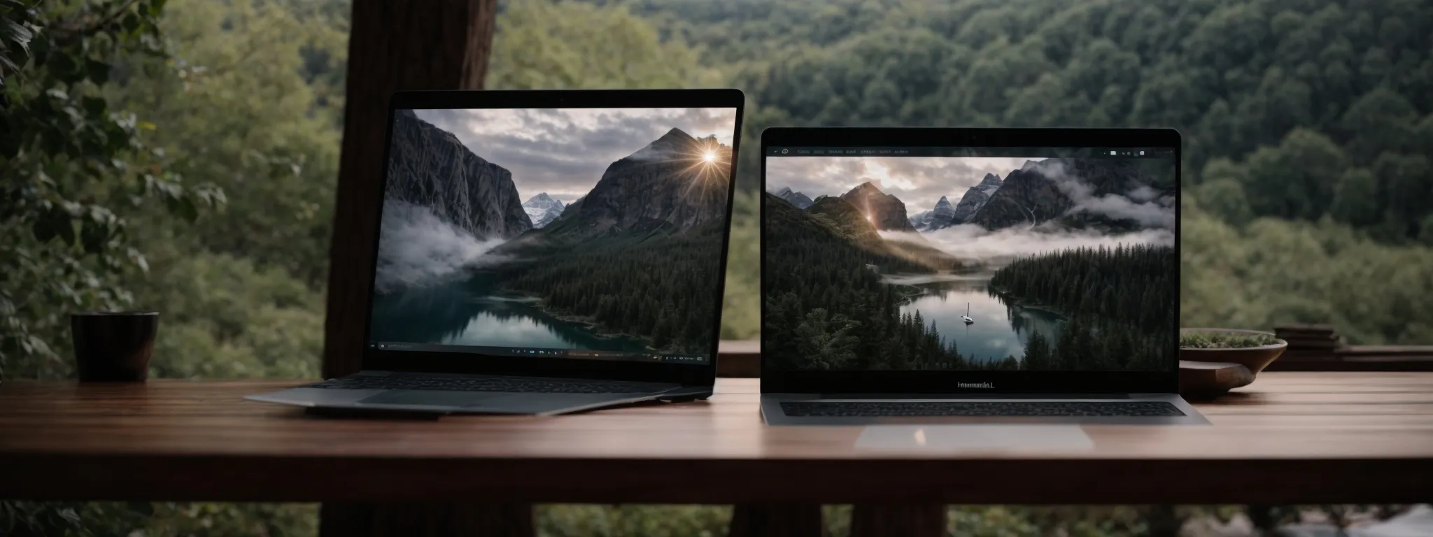 a laptop open on a desk with a serene outdoor backdrop, symbolizing the creation of engaging digital content.