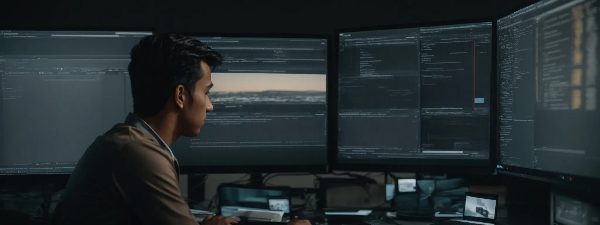 a web developer intently observes a streamlined, modern website interface on a computer screen, reflecting the seamless interactivity achieved through optimized code.