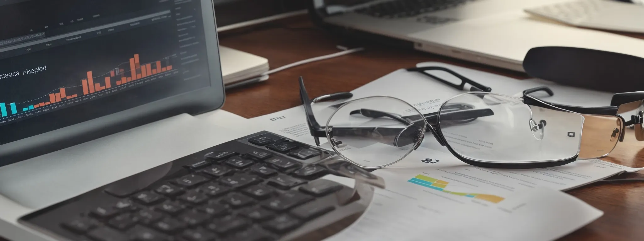 a keyboard and a pair of glasses resting on a digital marketing report with graphs and pie charts, illuminating the strategic focus on seo.