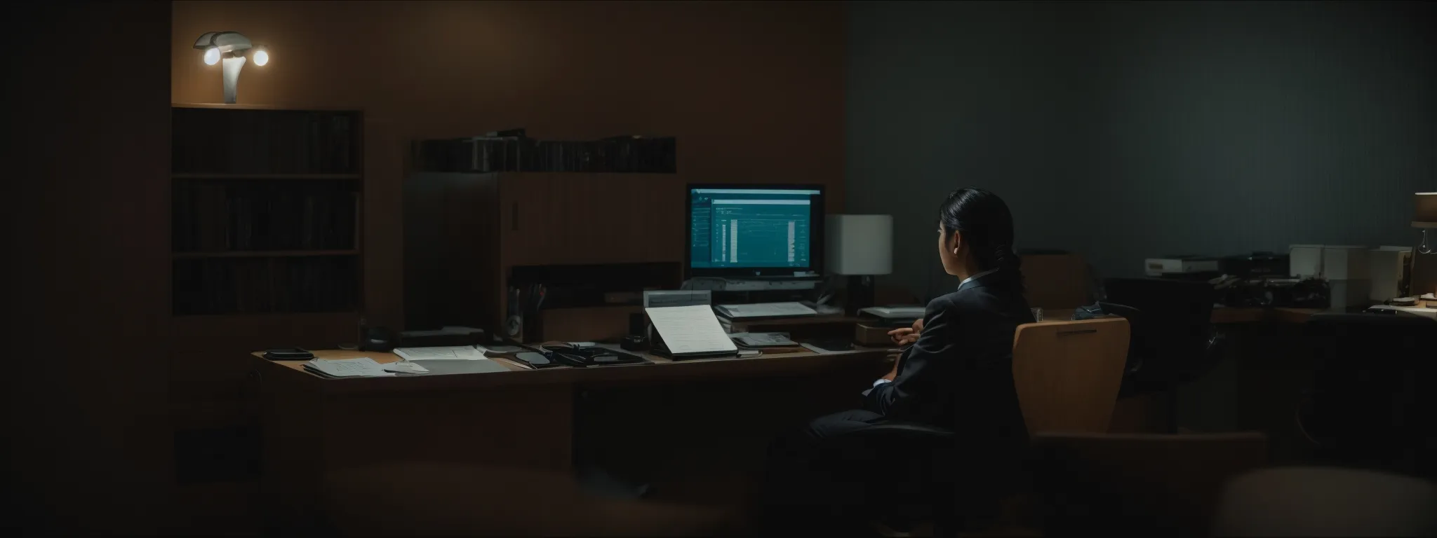 a candidate calmly practicing interview responses in front of a computer in a quiet room.