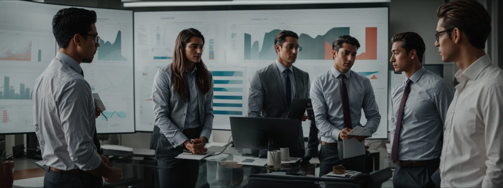 a group of marketing professionals analyzing graphs on a large screen in a modern office.
