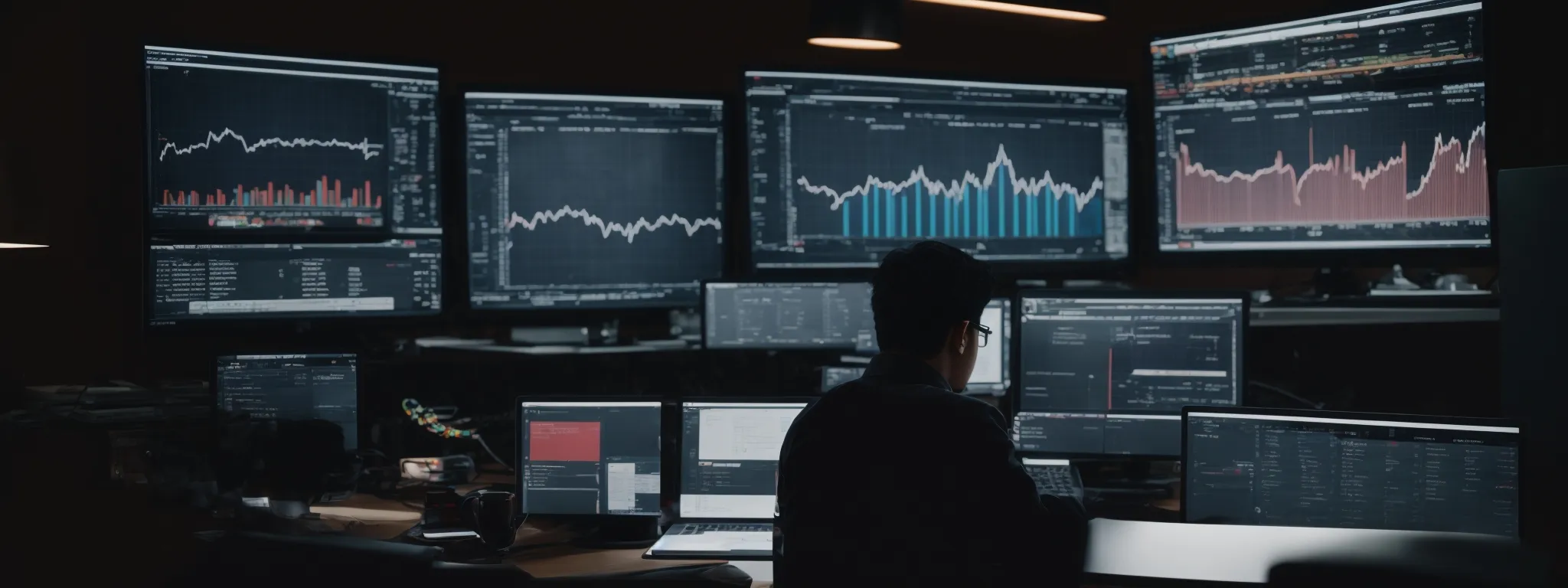 a person sitting at a computer with multiple analytics and keyword research graphs on the screen.
