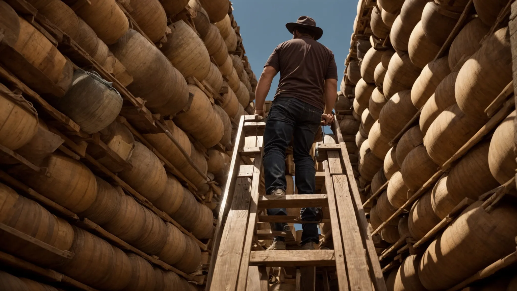 a scene depicting matt cutts launching barrels representing search algorithm updates at approaching black hat seo practitioners as he climbs a ladder towards a google search bar at the top of the screen.