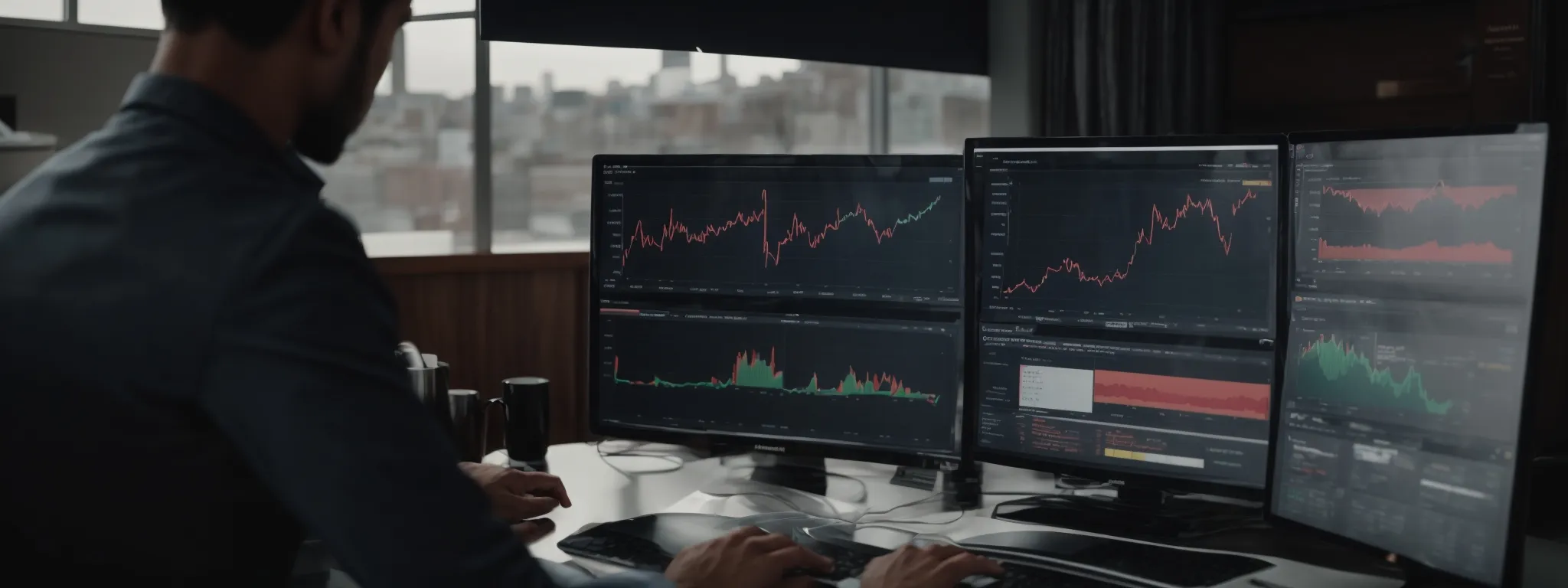 a digital marketer presents an seo analytics dashboard on a computer screen showing website traffic growth.