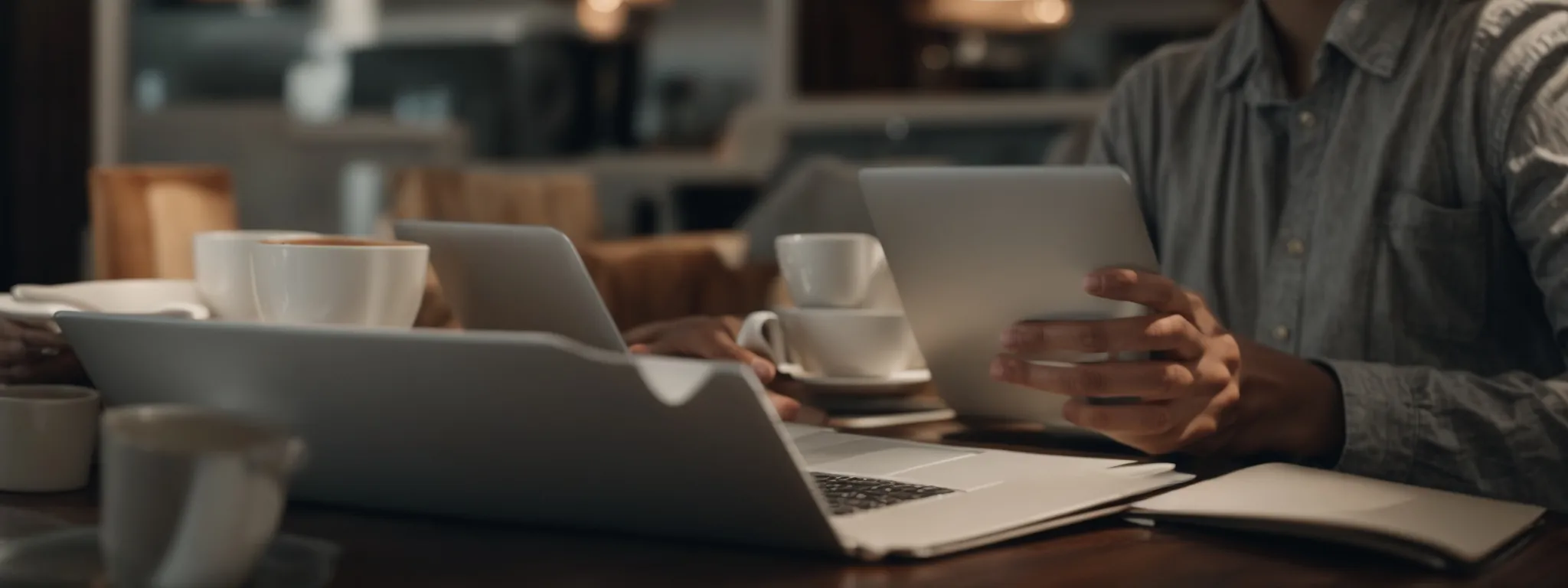 a focused individual typing on a laptop surrounded by marketing strategy documents and a cup of coffee.