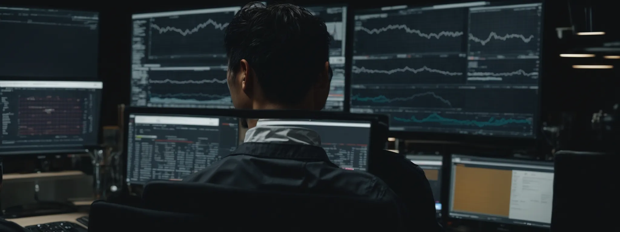 a focused individual analyzes a complex seo analytics dashboard on a computer screen, reflecting deep contemplation.