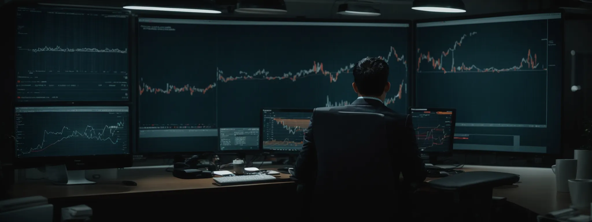 a person analyzing graphs and charts on a computer screen in a modern office setting.