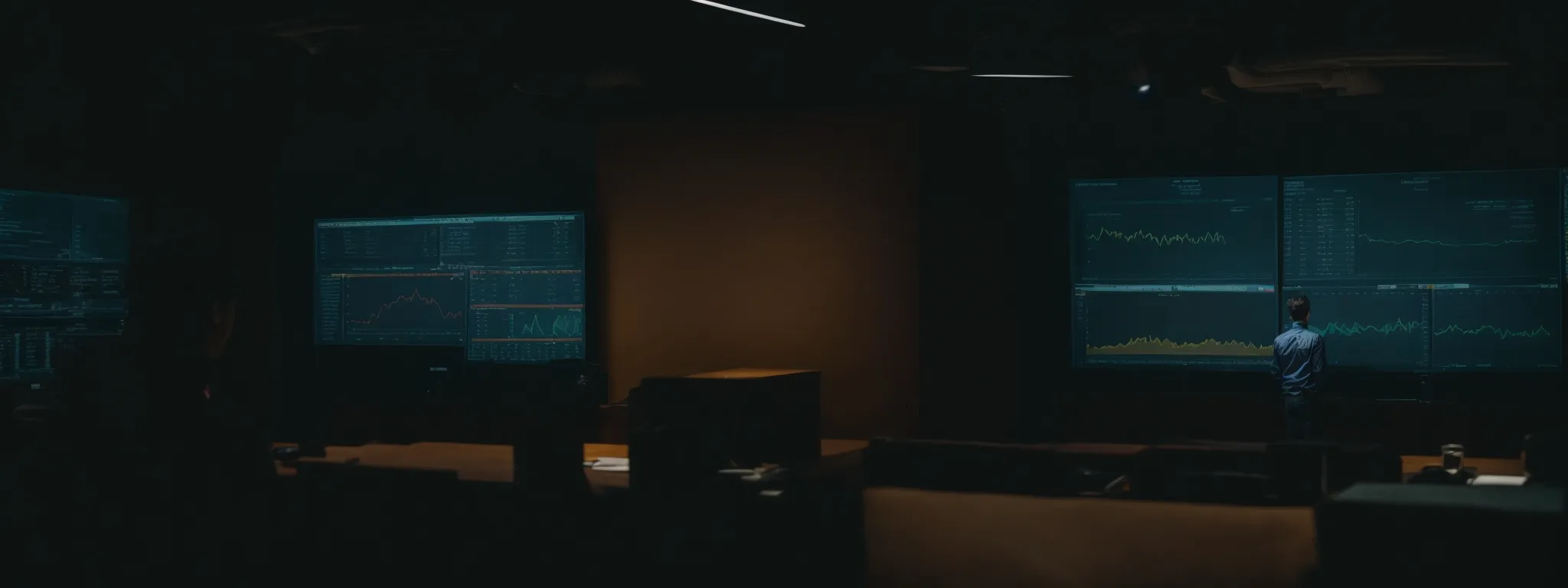 a person gazes thoughtfully at a large screen displaying a website's analytics dashboard.