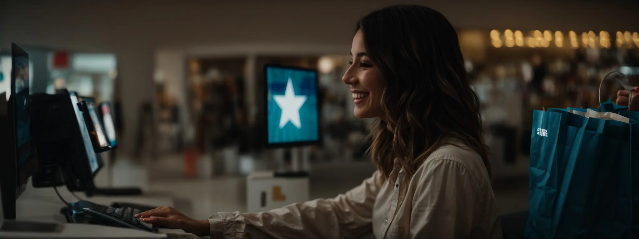 a shopper smiling while using a computer to browse through a website filled with glowing star ratings.