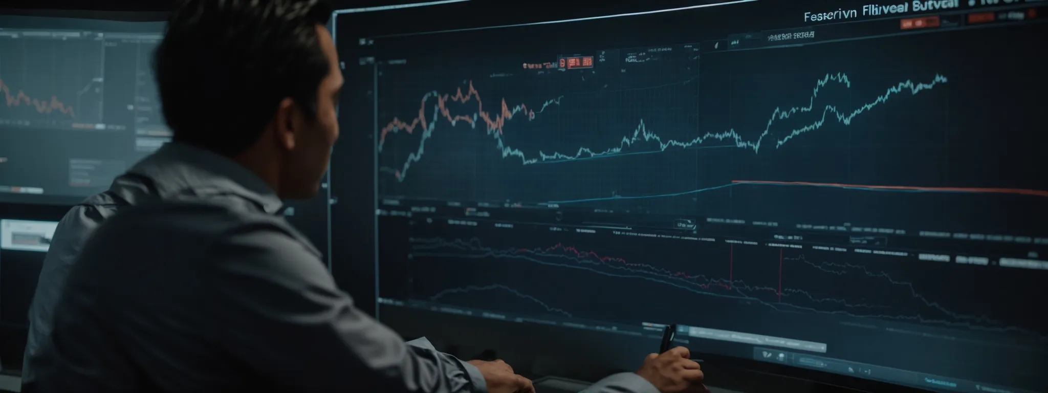 two professionals are examining a large graph on a monitor displaying website metrics, focusing on different analytics and trend lines.