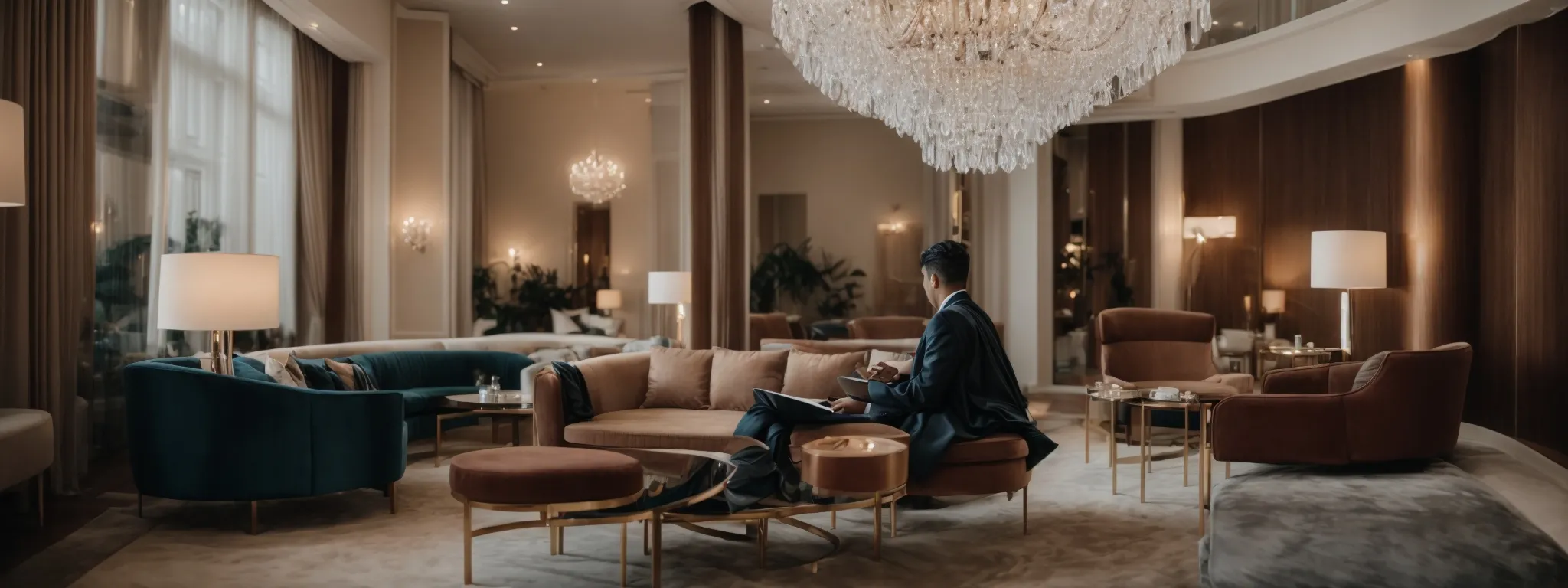 an influencer lounges in a luxurious hotel setting, capturing content on a professional camera.