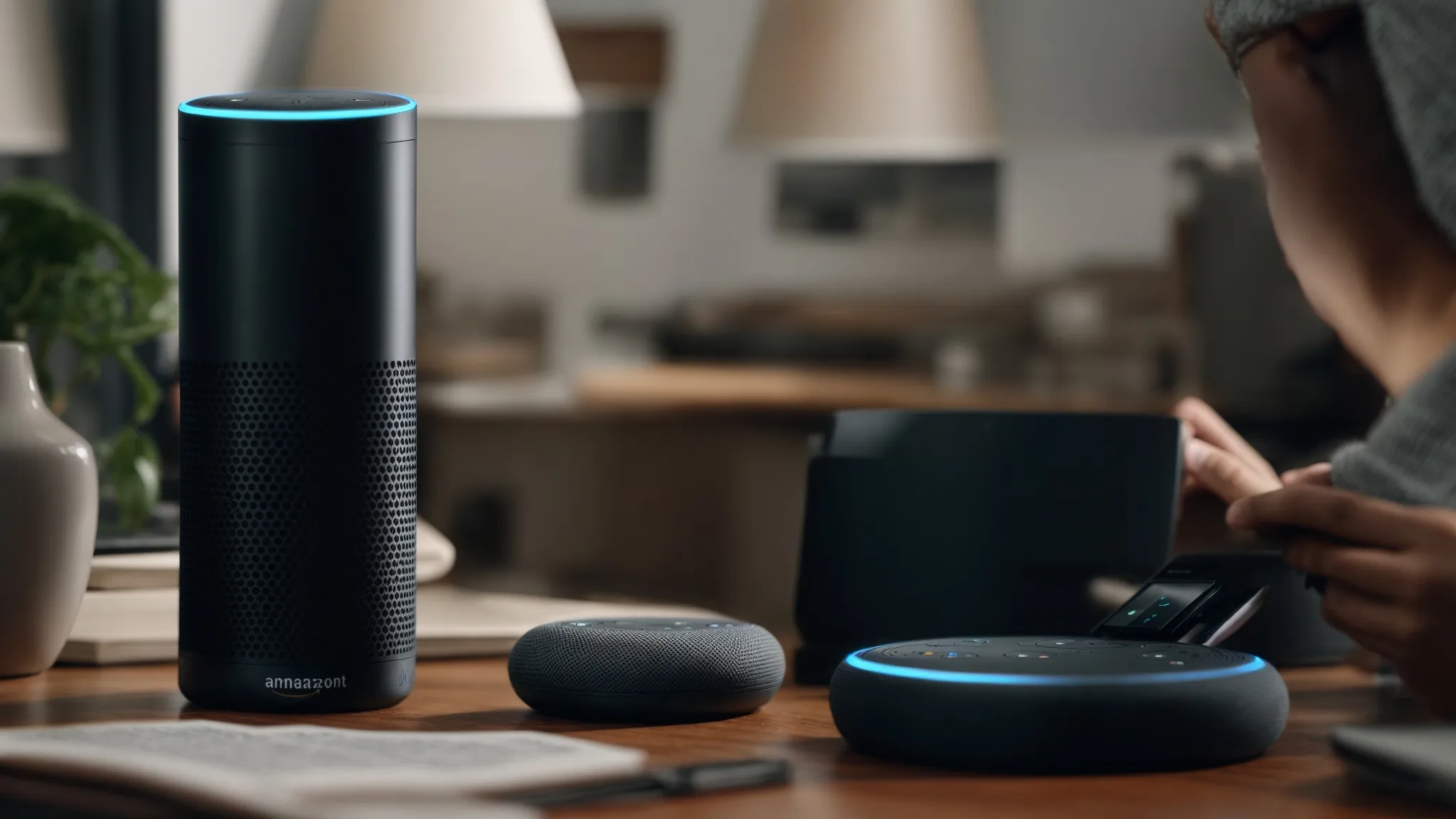 a person speaking to an amazon echo device on a desk while holding a smartphone showing search results.