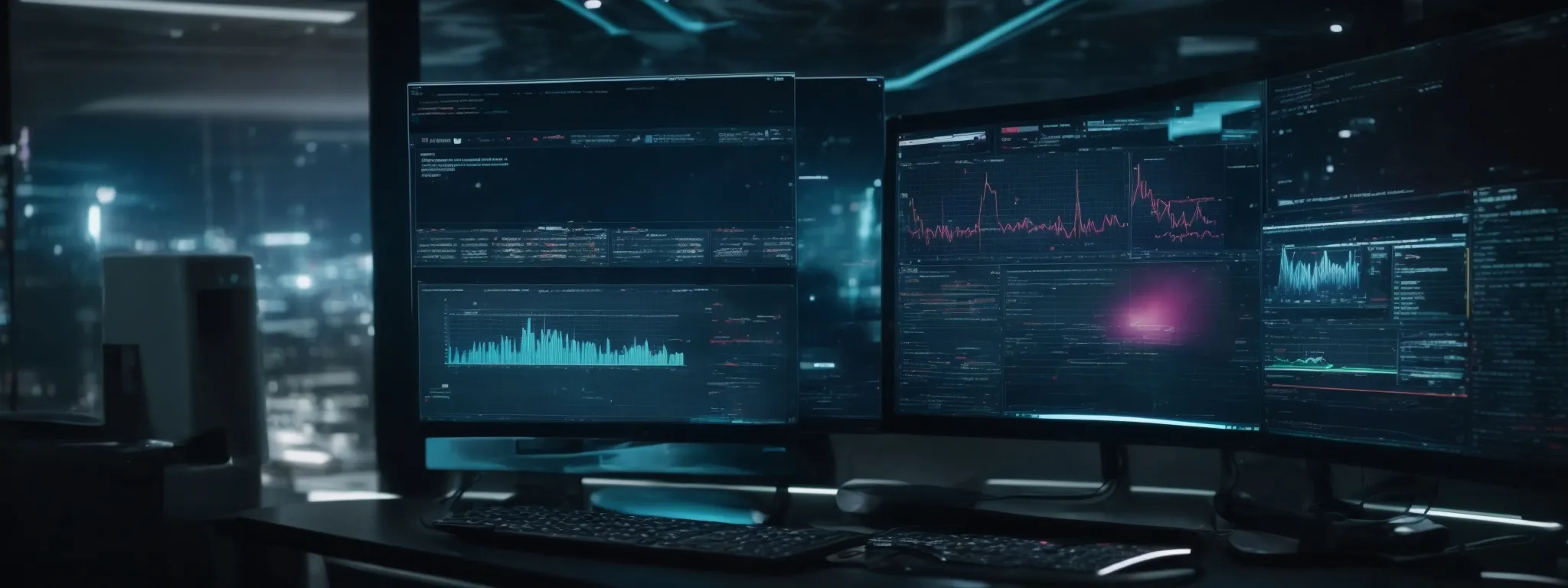 a futuristic ai interface with web search analytics and abstract data visualizations glowing on a computer screen.