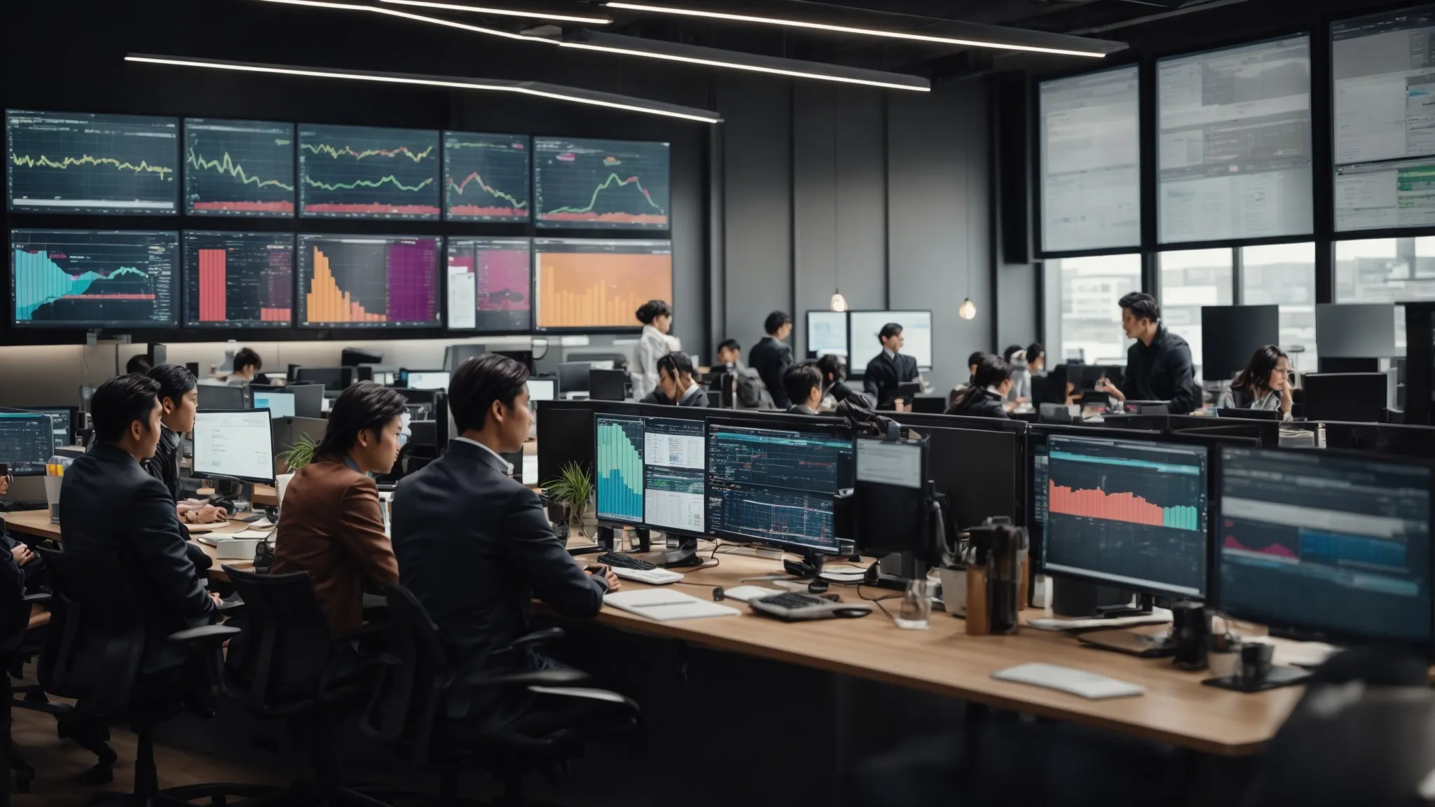 a bustling open-plan office with diverse teams intently analyzing data across multiple screens showing colorful marketing analytics dashboards.