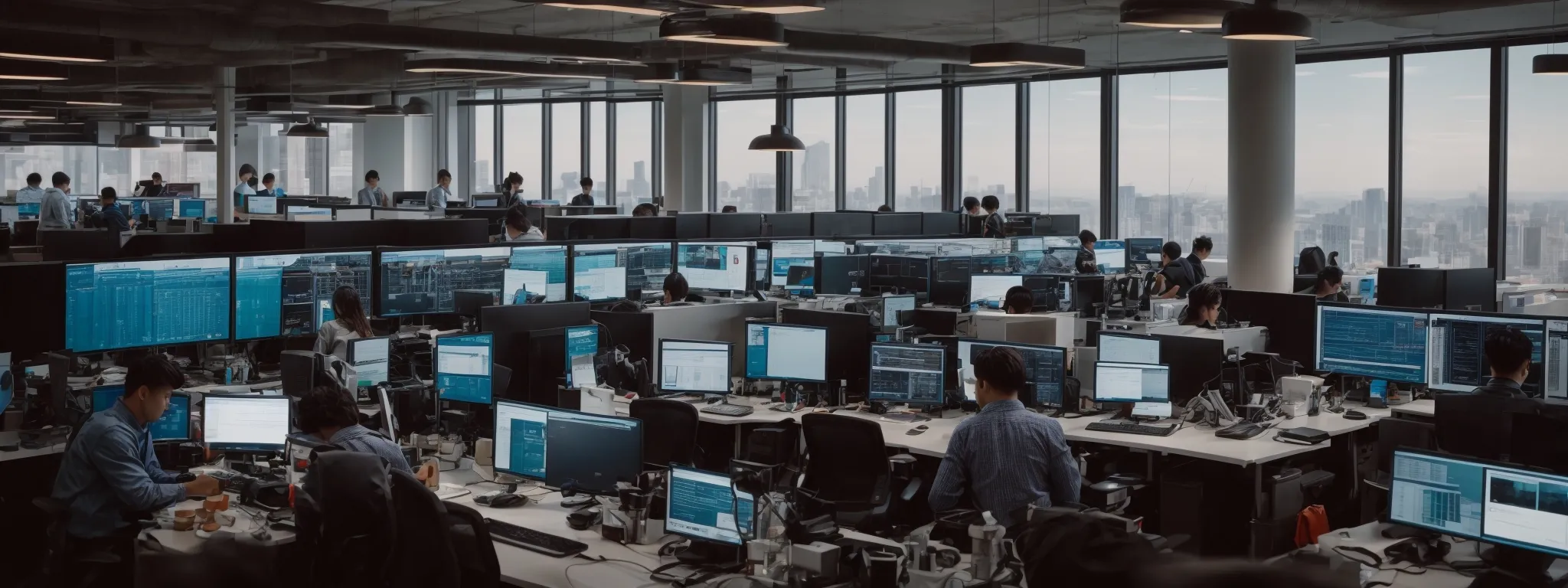 a bustling digital marketing office with screens displaying analytics and seo tools.