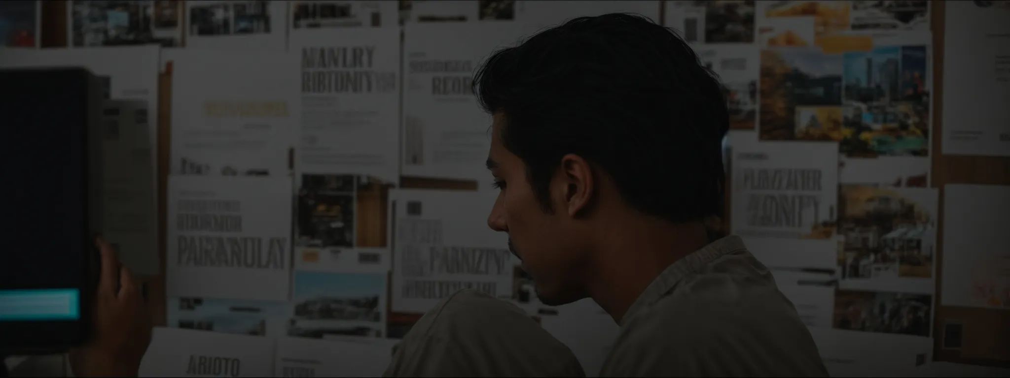 A person sits in front of a wall covered with various papers, documents, and images, appearing to look at a computer monitor.