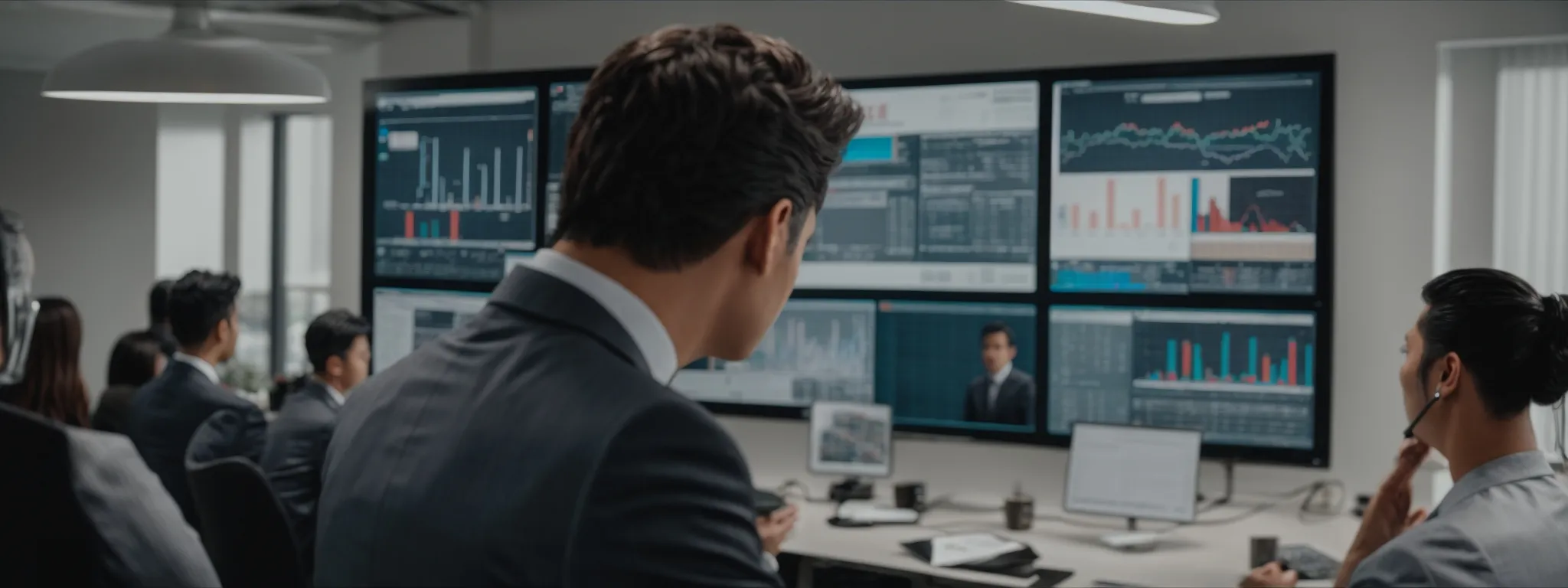 People in an office monitor multiple large screens displaying financial charts, data, and video calls.