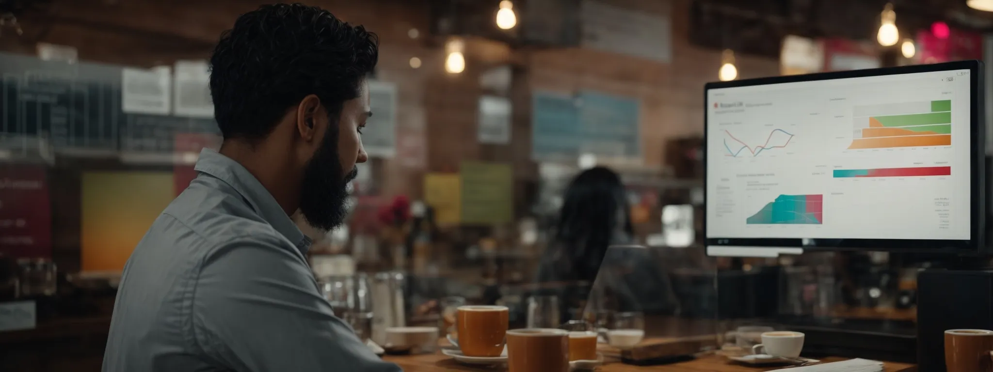 a local café owner reviews marketing analytics on a computer screen displaying colorful graphs and ai suggestions for targeted campaigns.