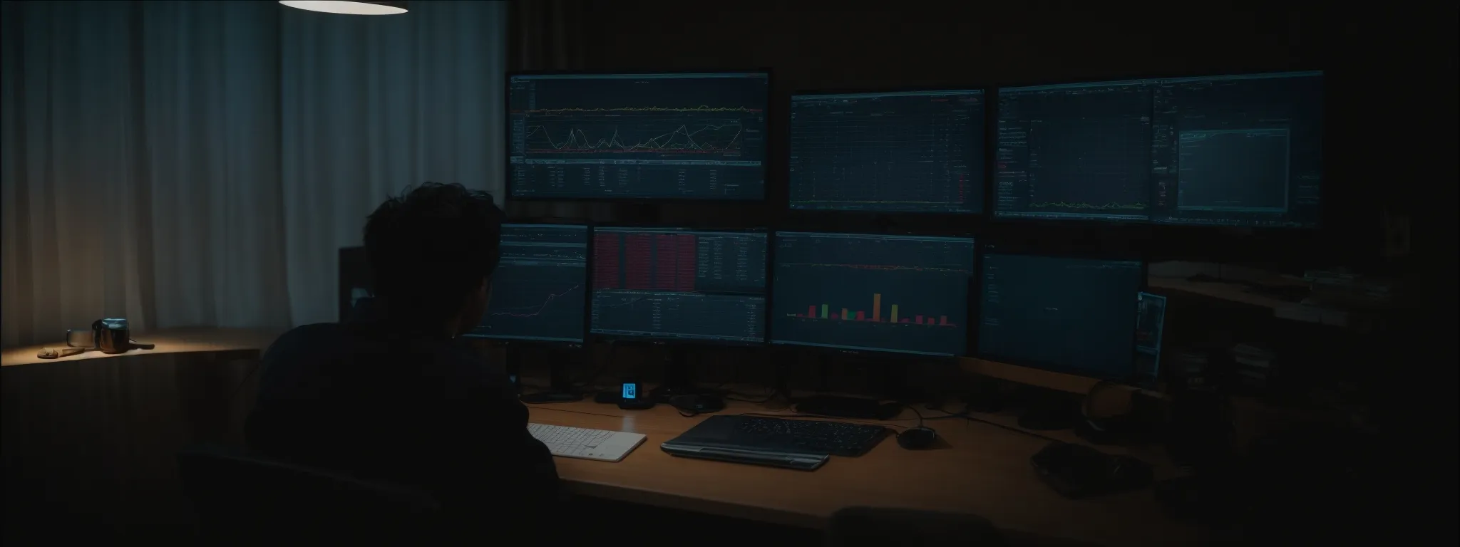 a person sitting in front of a computer, studying an analytics dashboard.