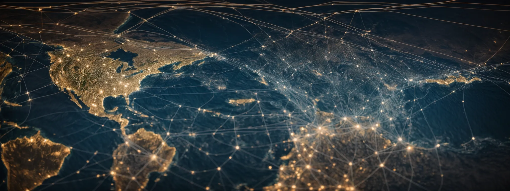 a network of global shipping routes converging on a digital tablet displaying an e-commerce website.