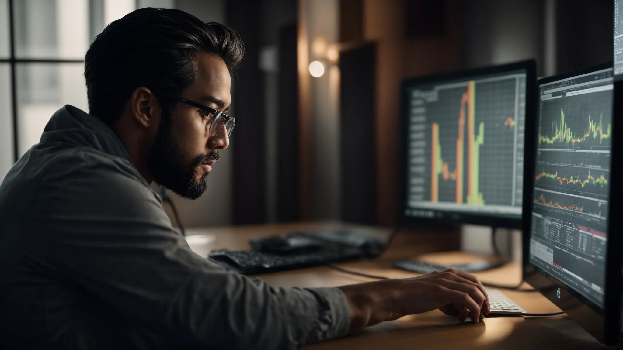a focused individual analyzes graphs on a computer screen displaying website analytics.
