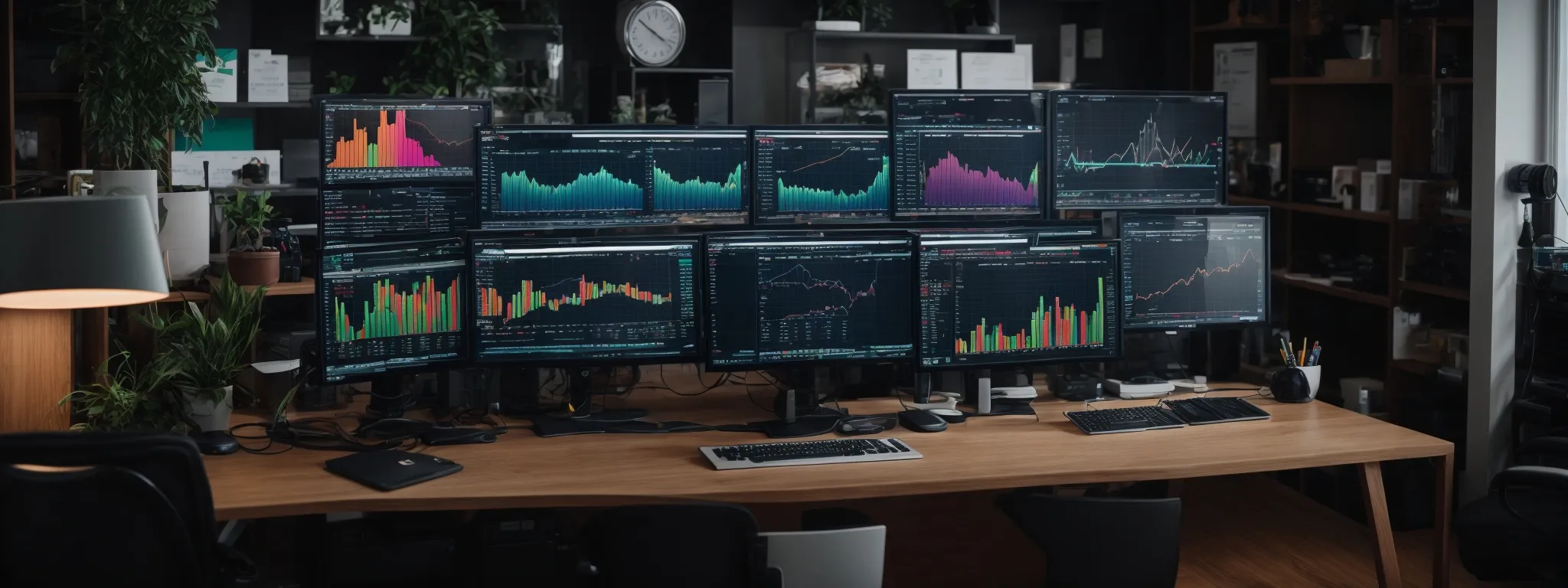 a bustling digital marketing office with multiple computer screens displaying colorful graphs and analytics dashboards.