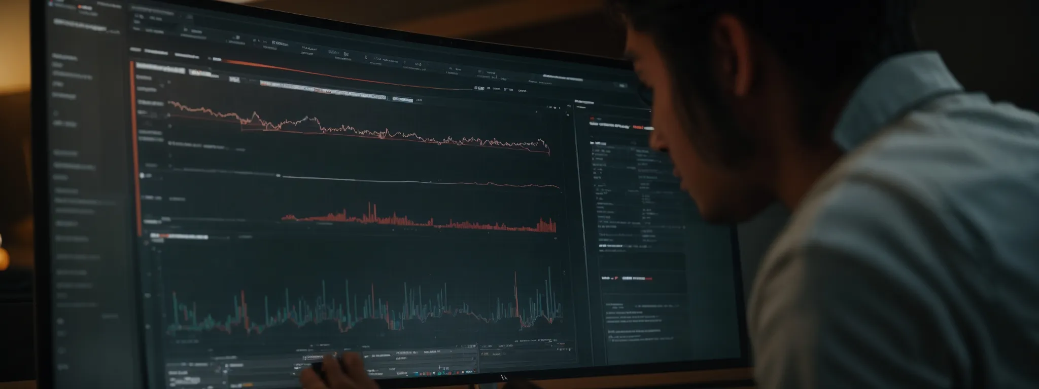 a web developer scrutinizes the analytics dashboard on a computer screen, reflecting the seo performance influenced by heading tags.