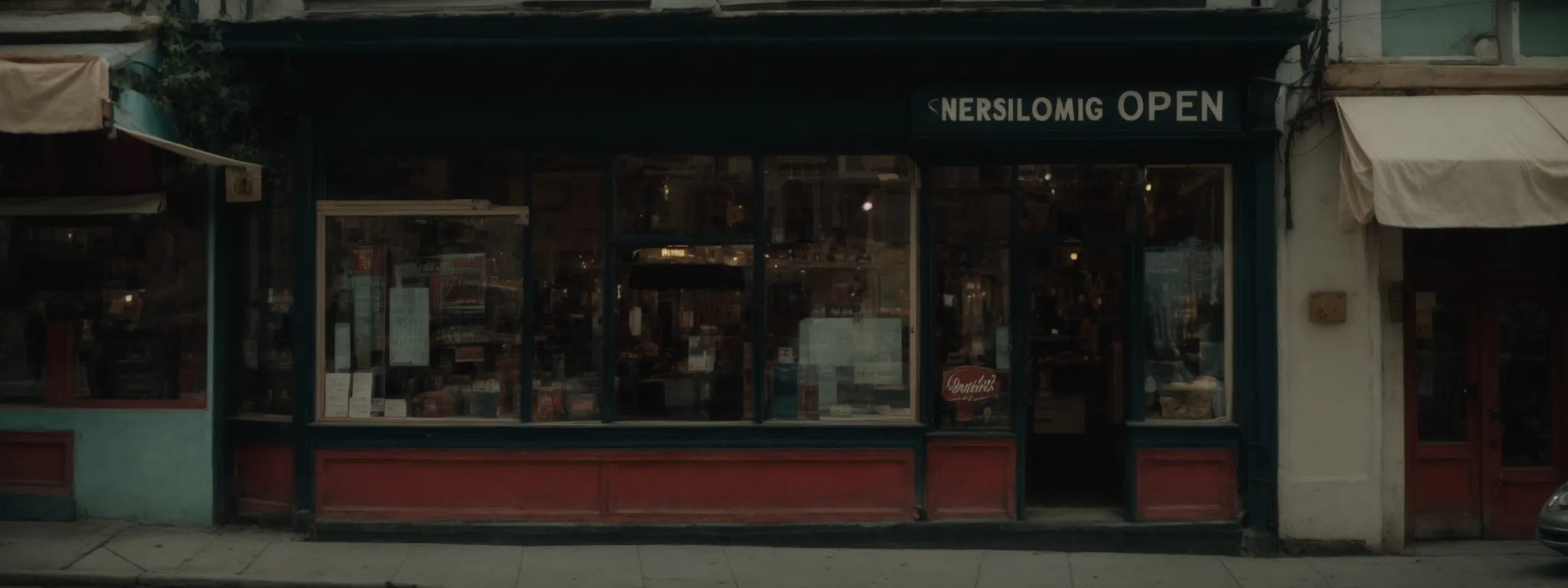 a storefront with a welcoming open sign, nestled in a bustling local street lined with diverse shops and restaurants.