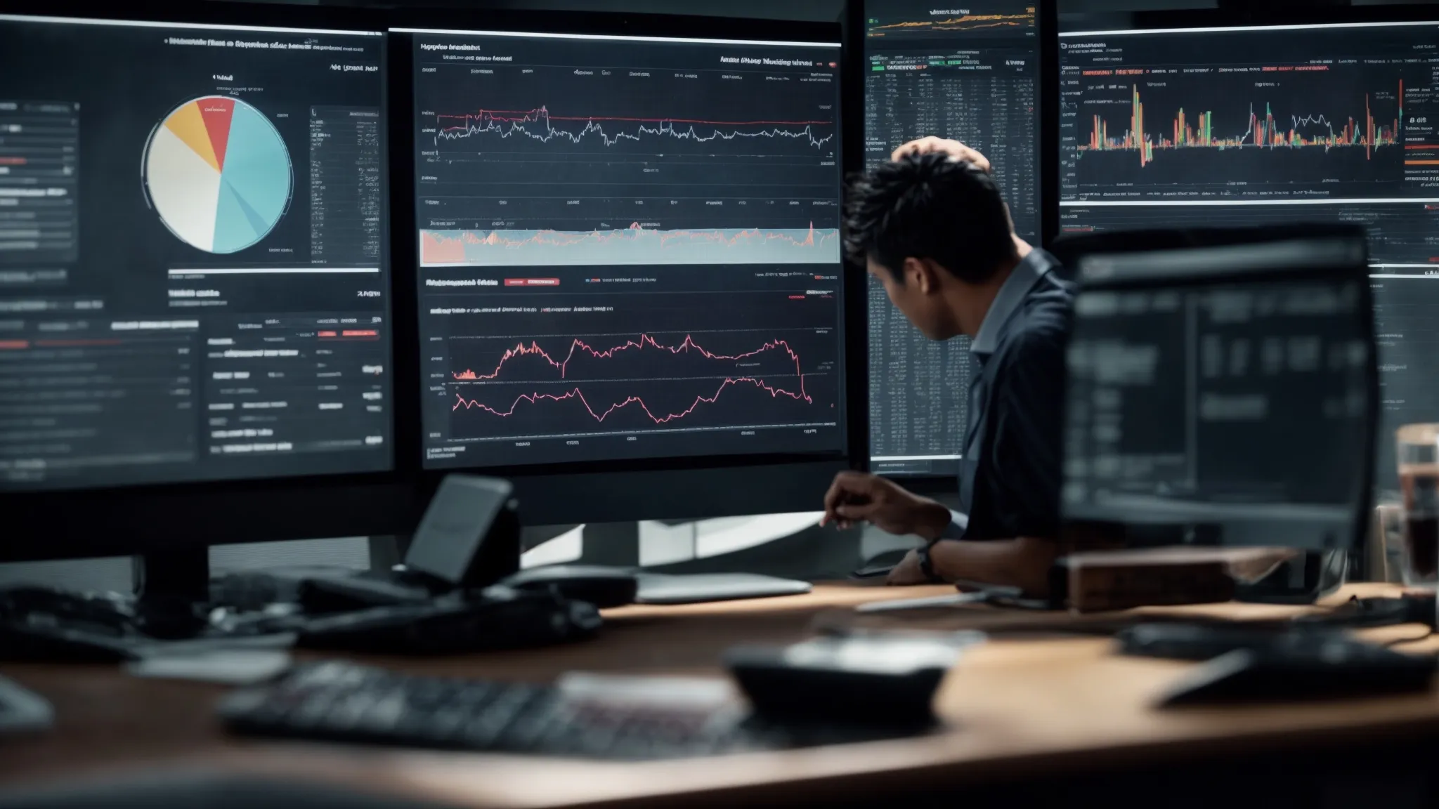 a computer screen displays graphs of website traffic analytics while a person adjusts settings on a digital marketing dashboard.