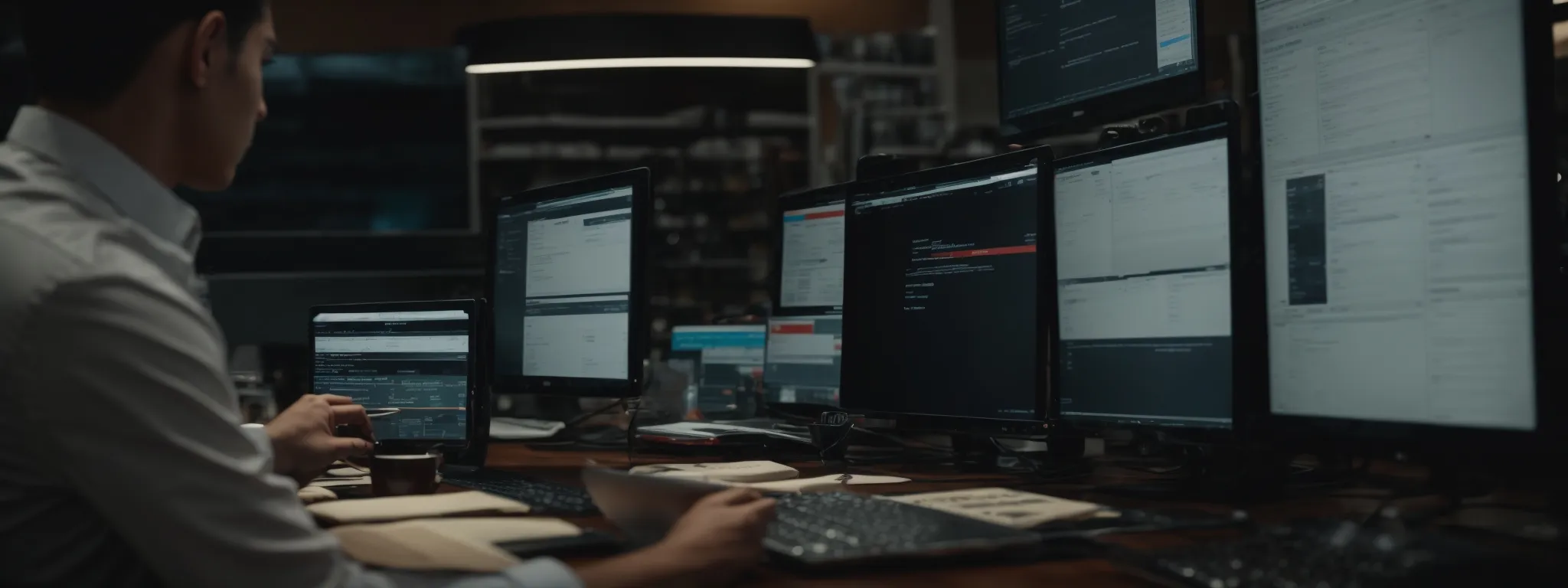 a marketing professional analyzes customer data on a computer screen to tailor a personalized digital campaign.