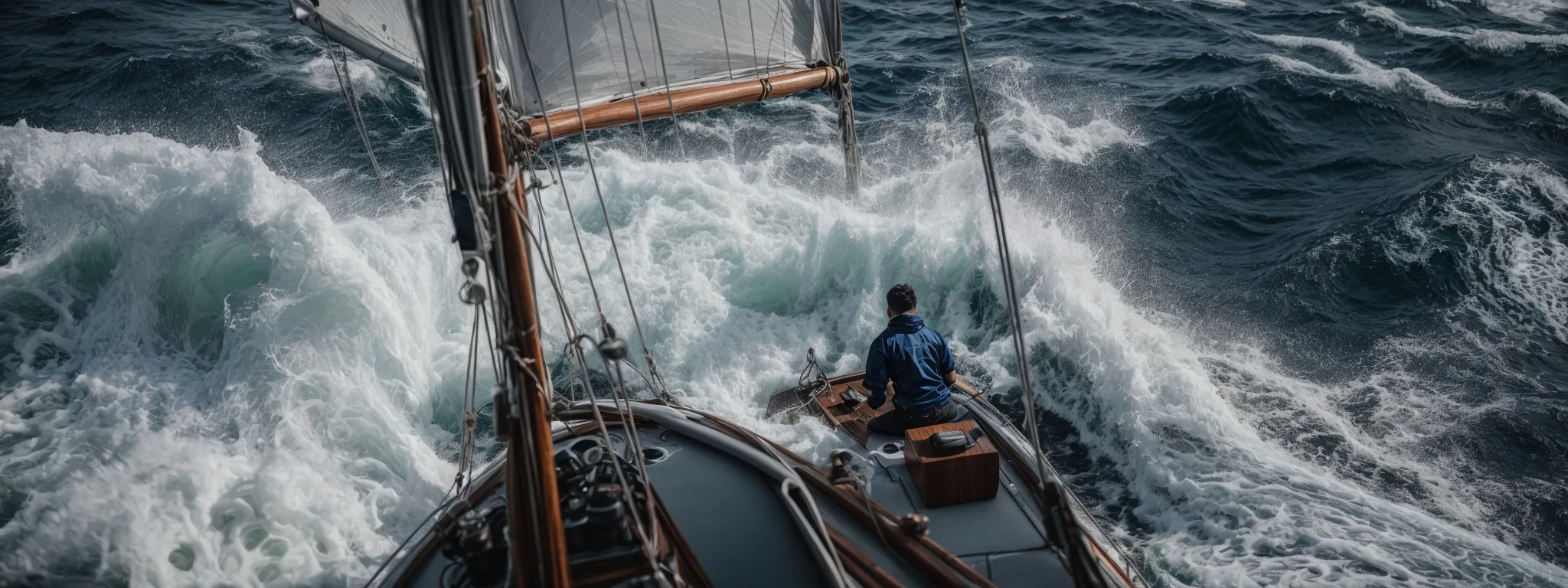 a person navigating a sailing boat through tumultuous seas, symbolizing the navigation of data-driven challenges.