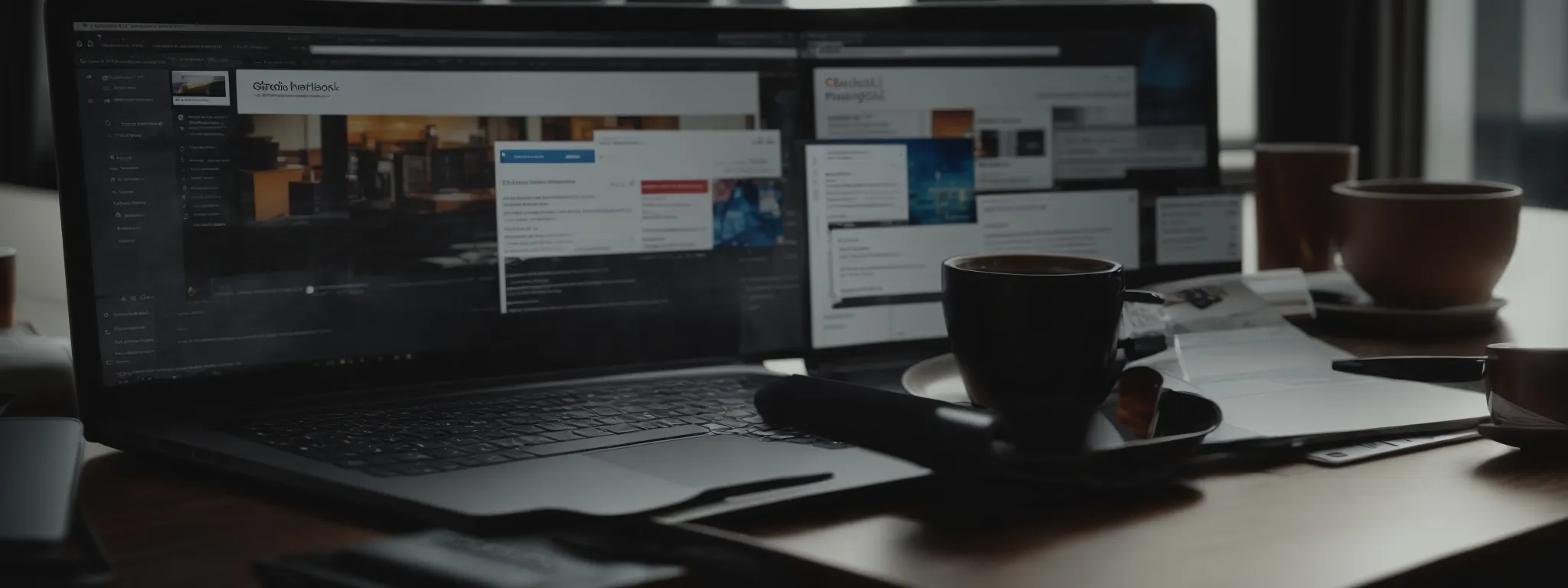 a person using a laptop with multiple browser tabs open, symbolizing the use of seo analysis tools.