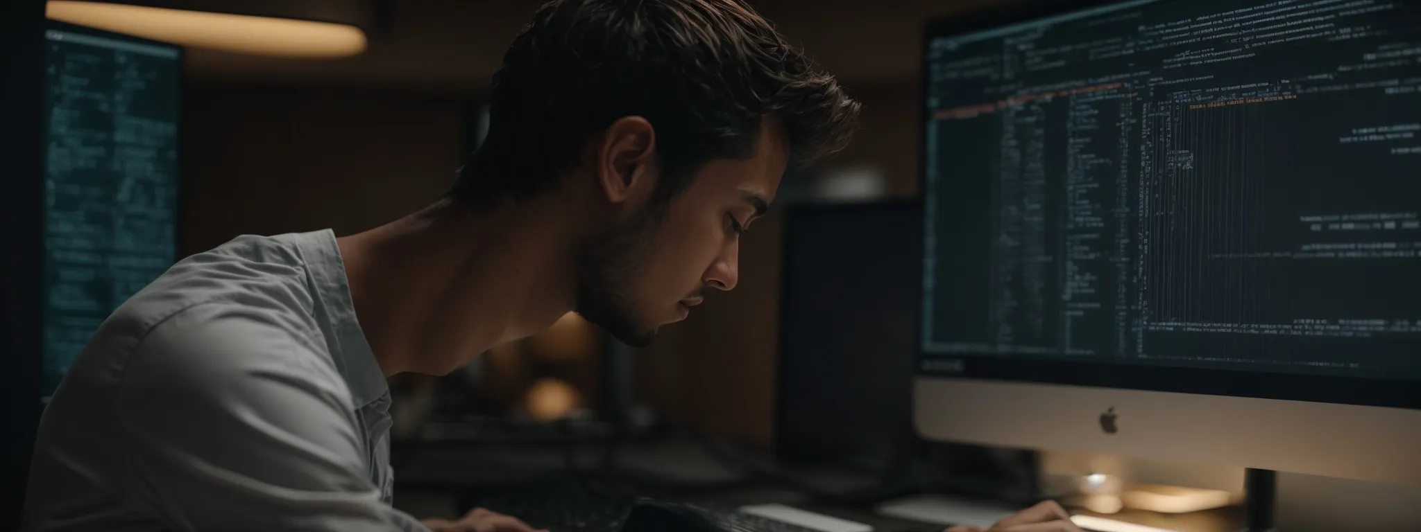 a dynamic web developer is attentively reading a javascript manual next to a computer displaying a complex website's code.