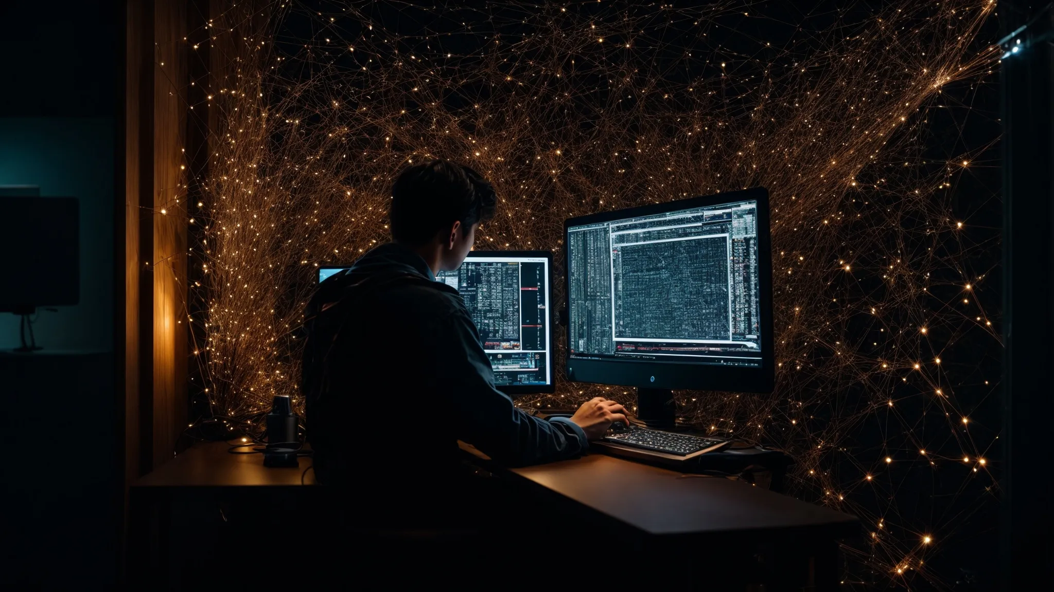 a webmaster intently examines a computer screen displaying an intricate network of web connections.