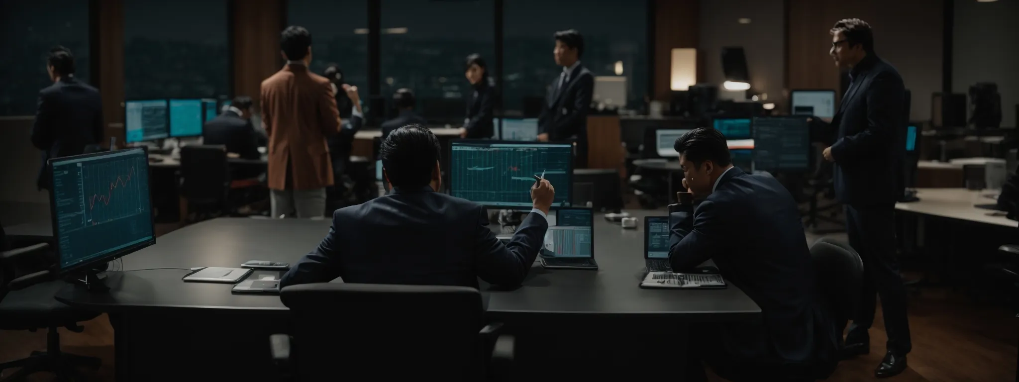 a professional meeting where an seo expert is discussing strategies with a team in front of a computer screen displaying analytics.
