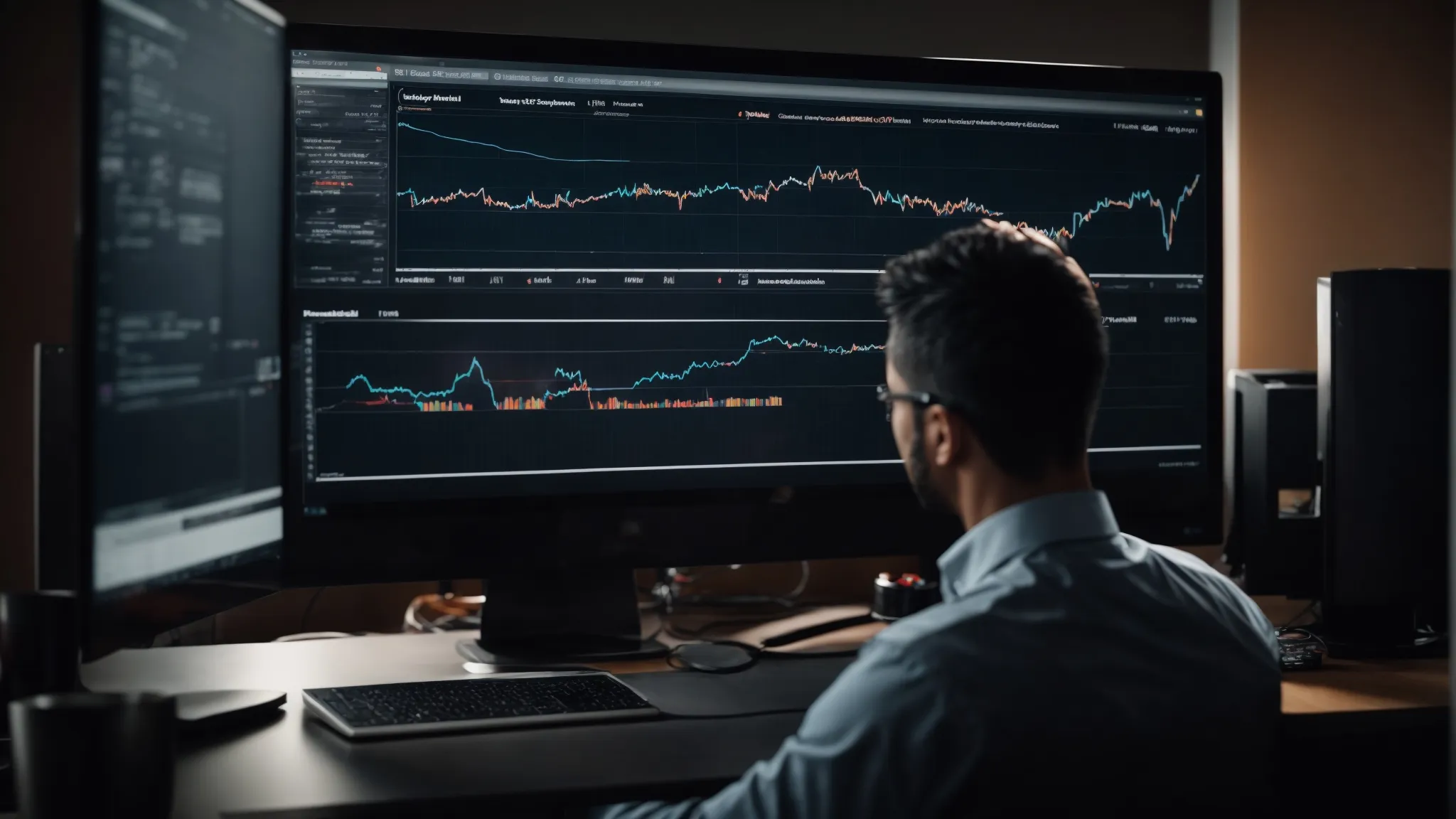 a marketer analyzing graphs on a computer screen displaying website traffic data and testing software interface.