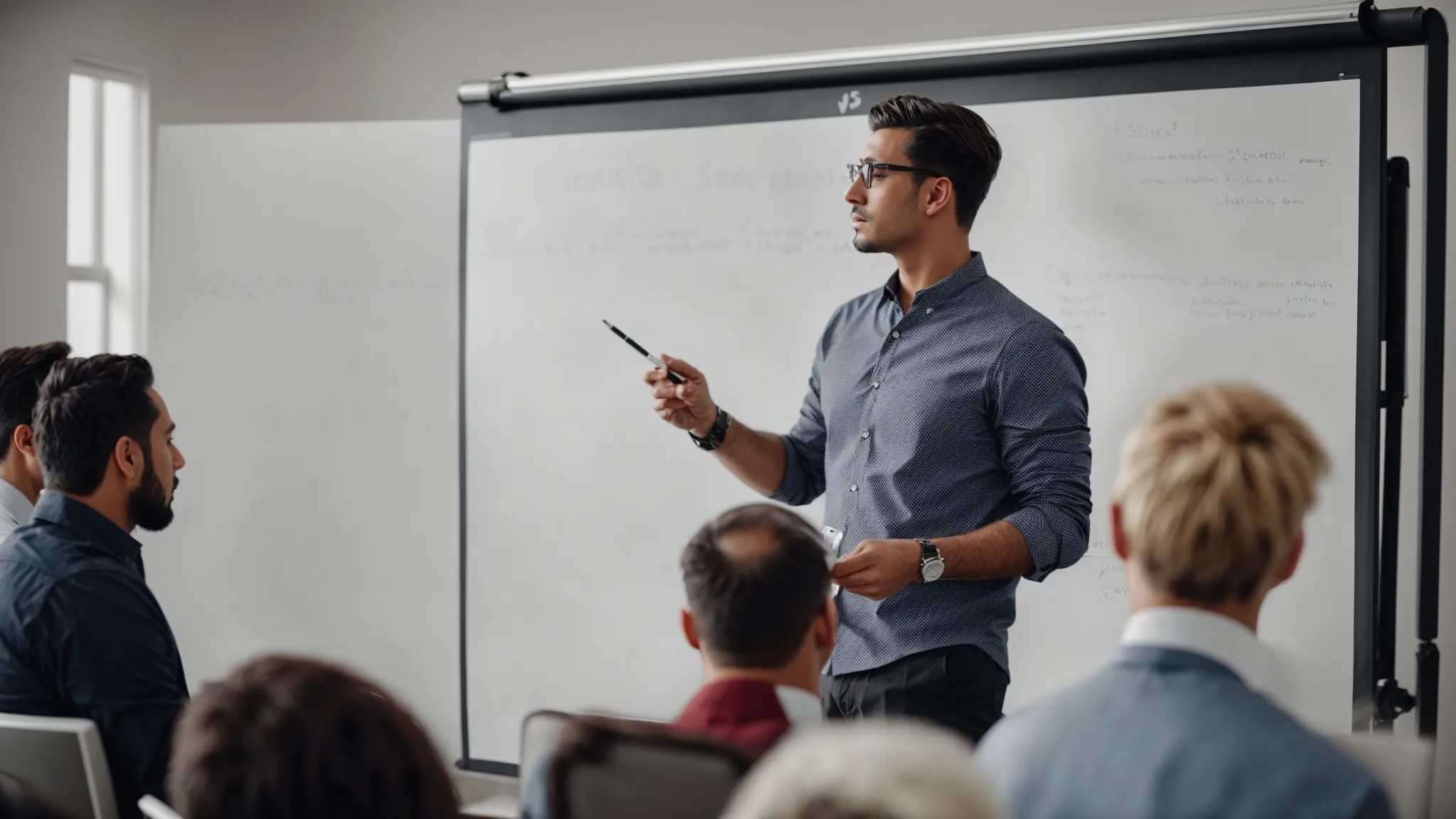 a poised manick bhan explains seo strategies on a whiteboard to an attentive audience.