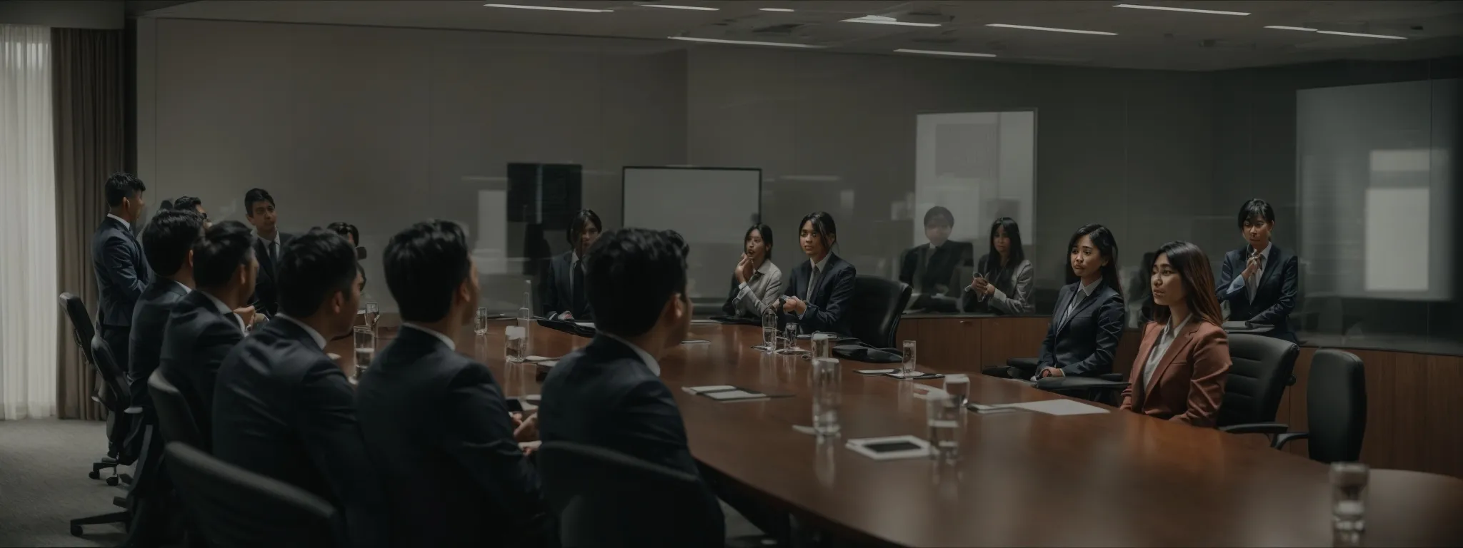 Formal business meeting in a large conference room with professionals seated around a long table, attentively listening to a speaker.