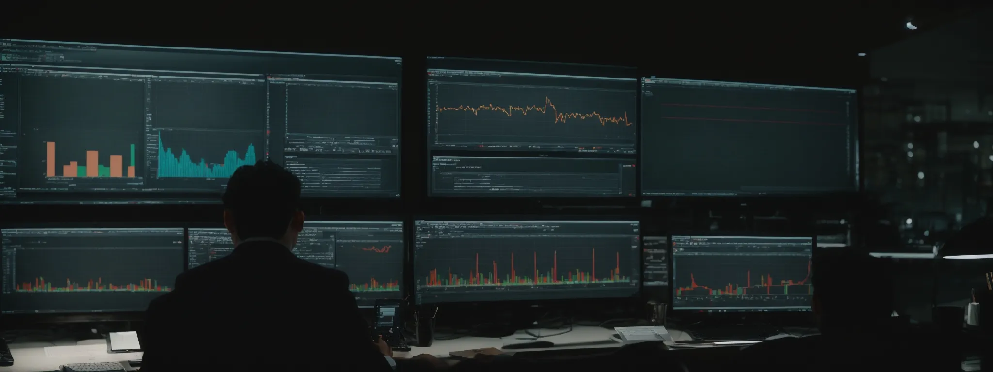 a marketer analyzing graphs on a computer screen showing website traffic trends.