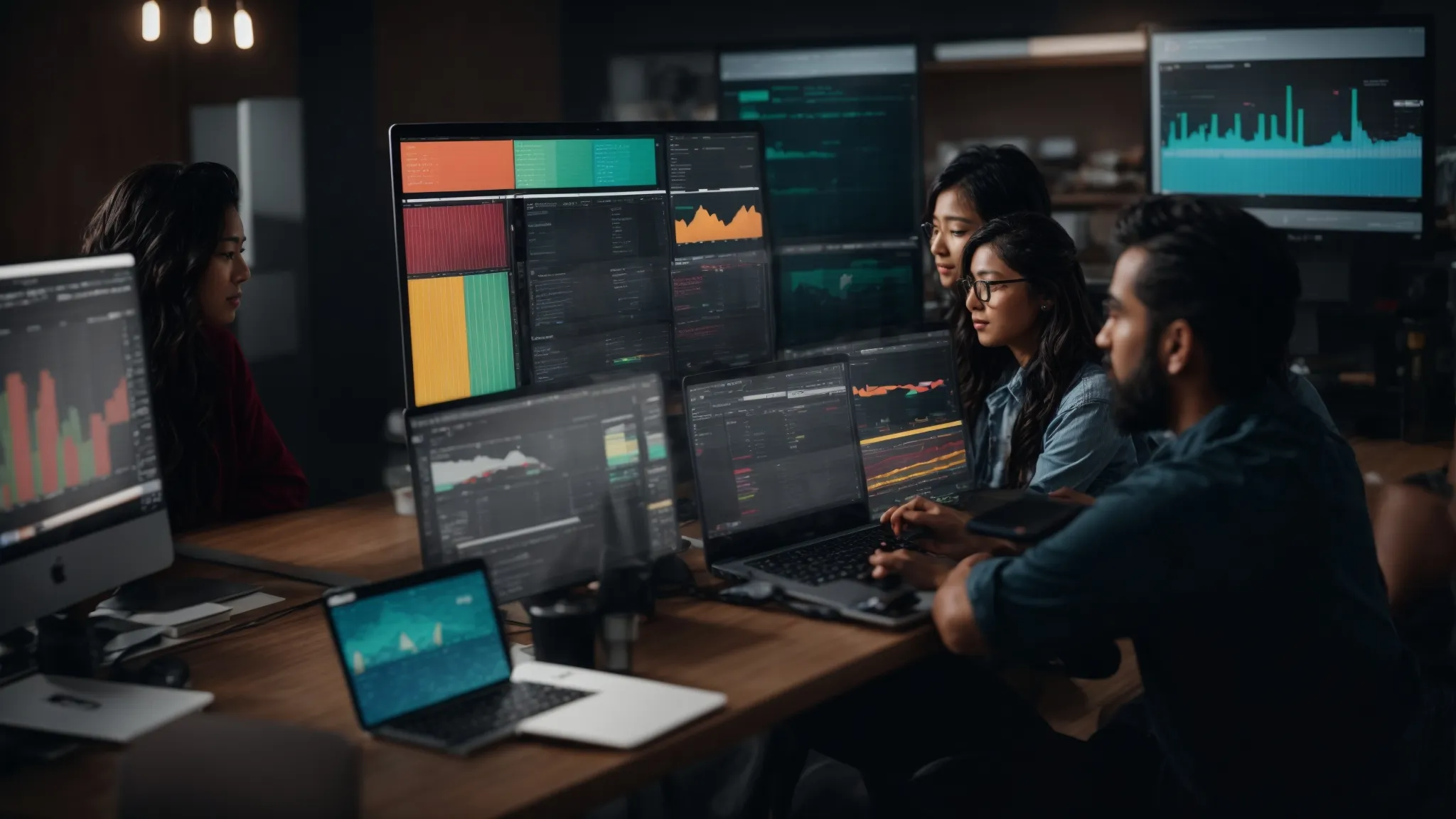 a professional team gathered around a laptop, reviewing a colorful analytics dashboard on the screen.