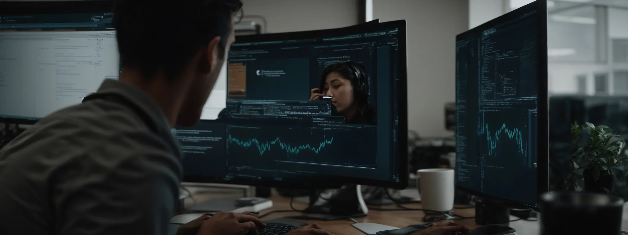 a web developer attentively observes a website's loading speed on a monitor, symbolizing performance optimization for seo.