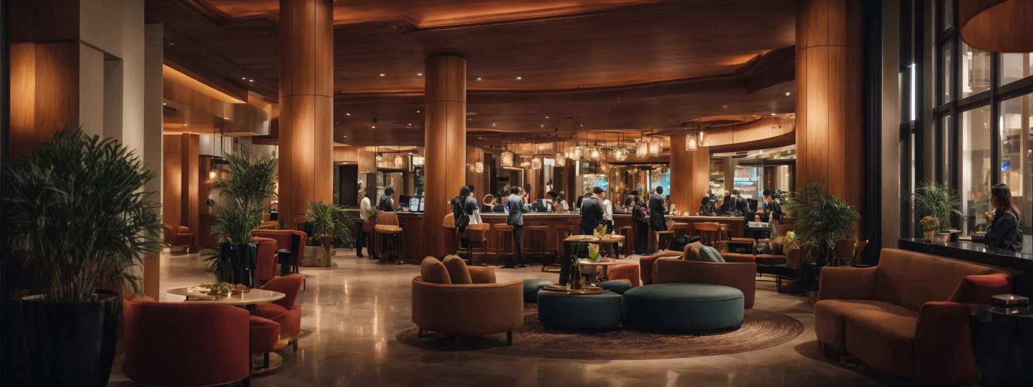 a bustling hotel lobby area, vibrant and inviting, with guests interacting and exploring an interactive digital display showcasing local attractions and hotel amenities.