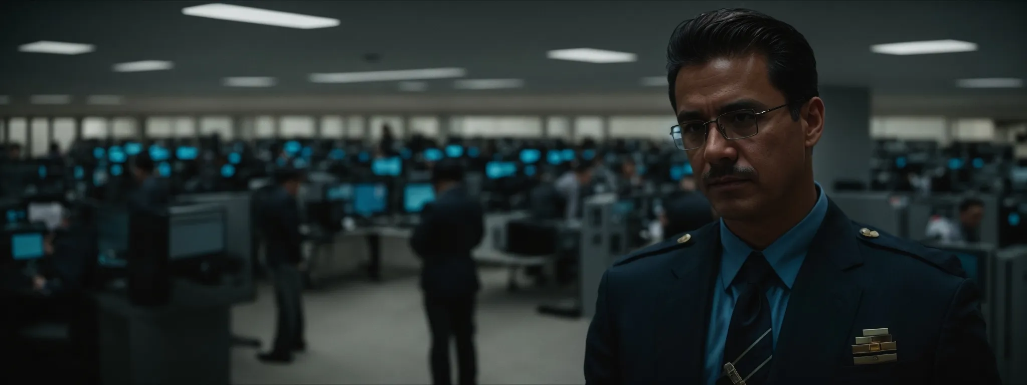 a stern-faced executive enforces rules at a digital security center.