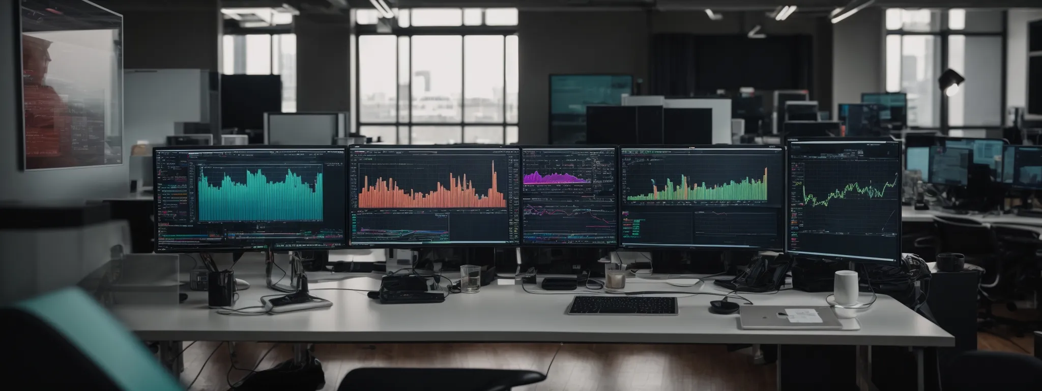 a modern office with multiple computer monitors displaying colorful graphs and analytics dashboards.