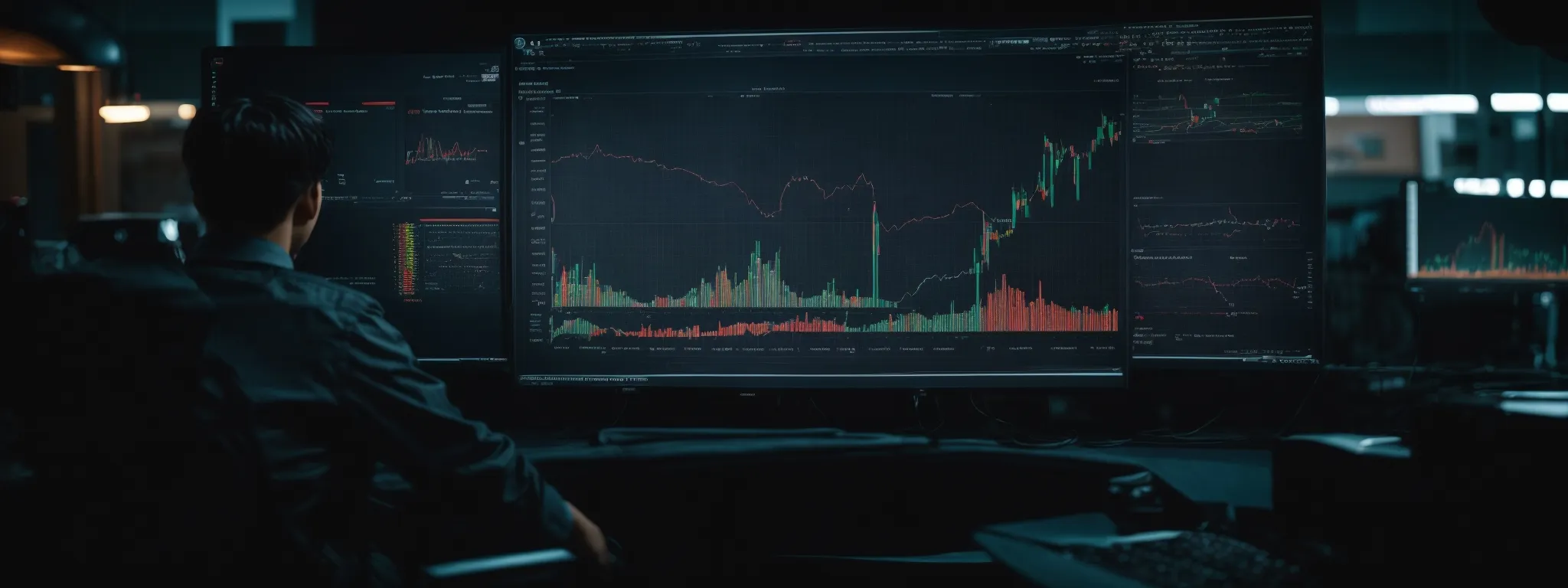 a person at a computer screen displaying intricate data charts, highlighting the analysis of seo trends.