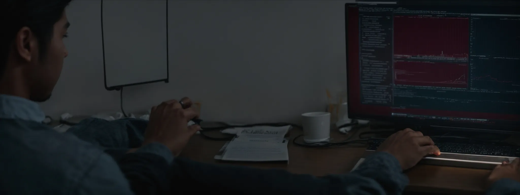a person intently studying a computer screen displaying a search engine results page.